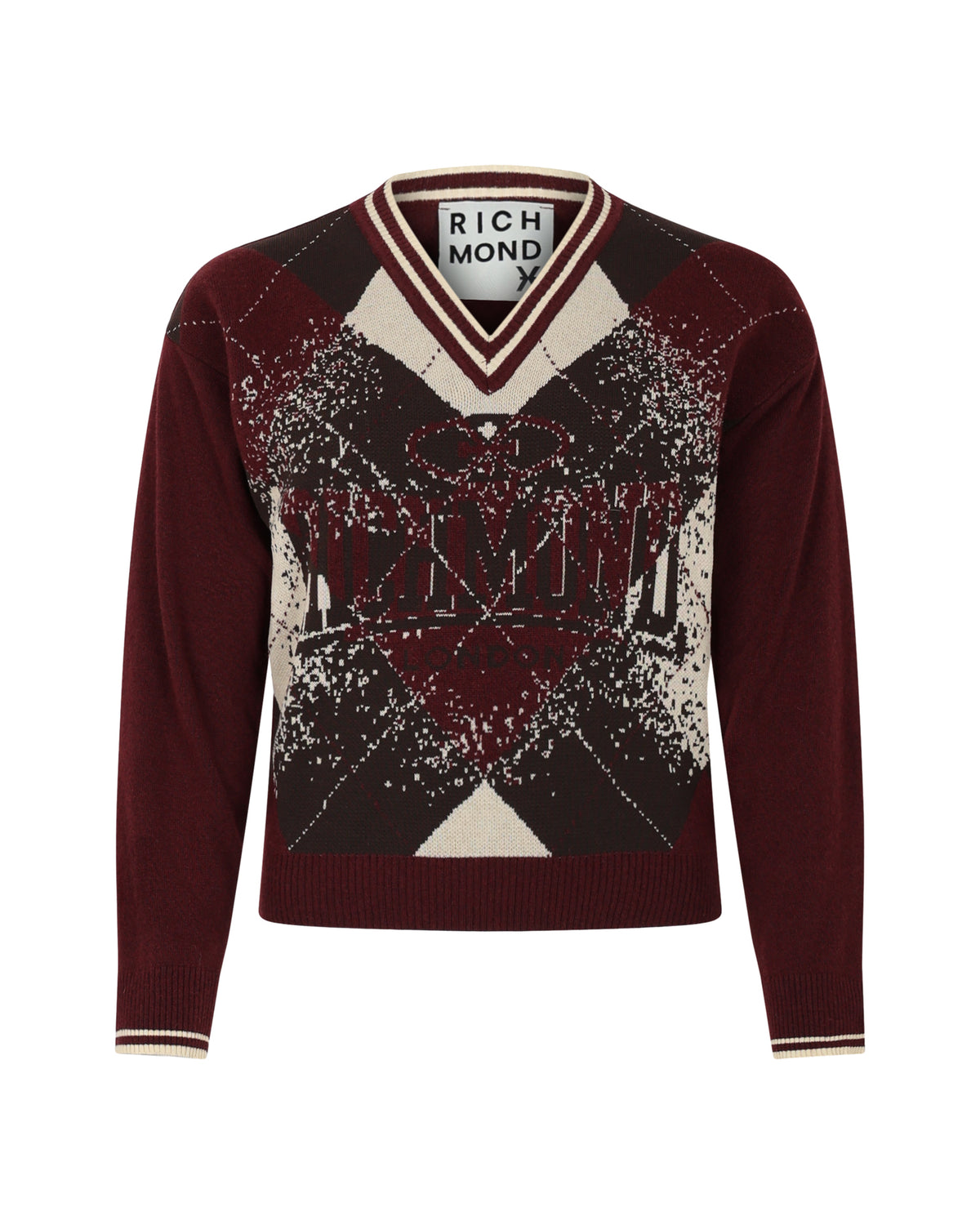 Pullover Scollo a V con Motivo Argyle e Logo