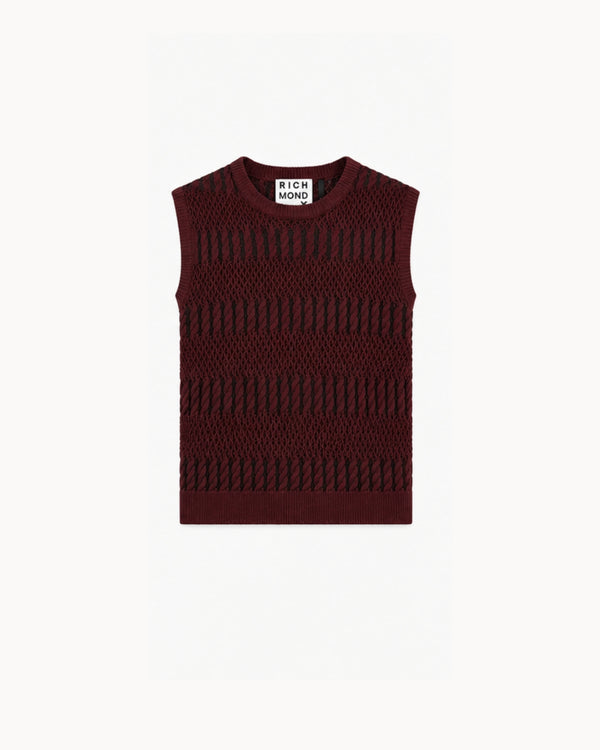 Gilet in Maglia con Lavorazione a Trecce Bicolore
