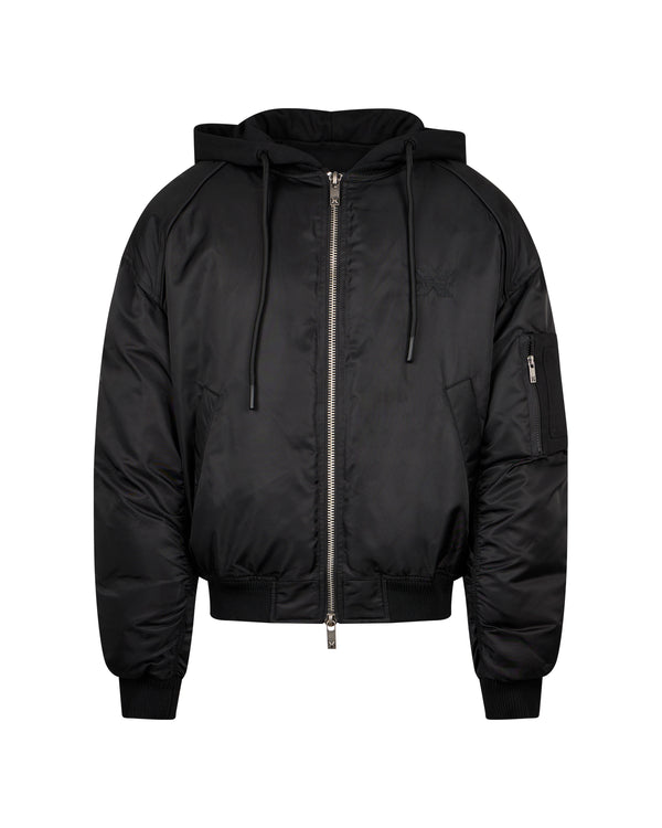 Hooded bomber jacket with gathered back detail