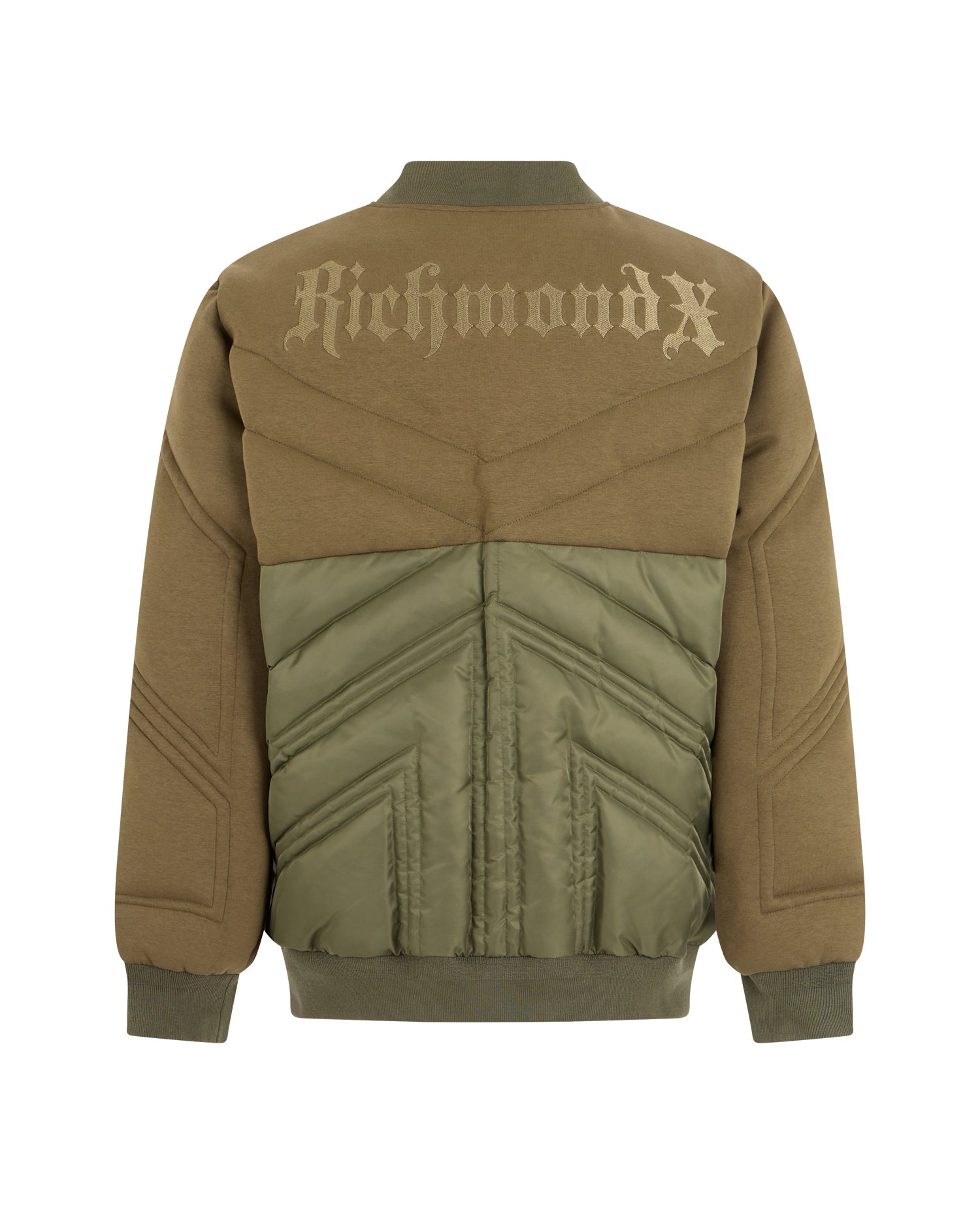 Two-Tone Bomber Jacket with Quilted Stitching and Embroidered Logo