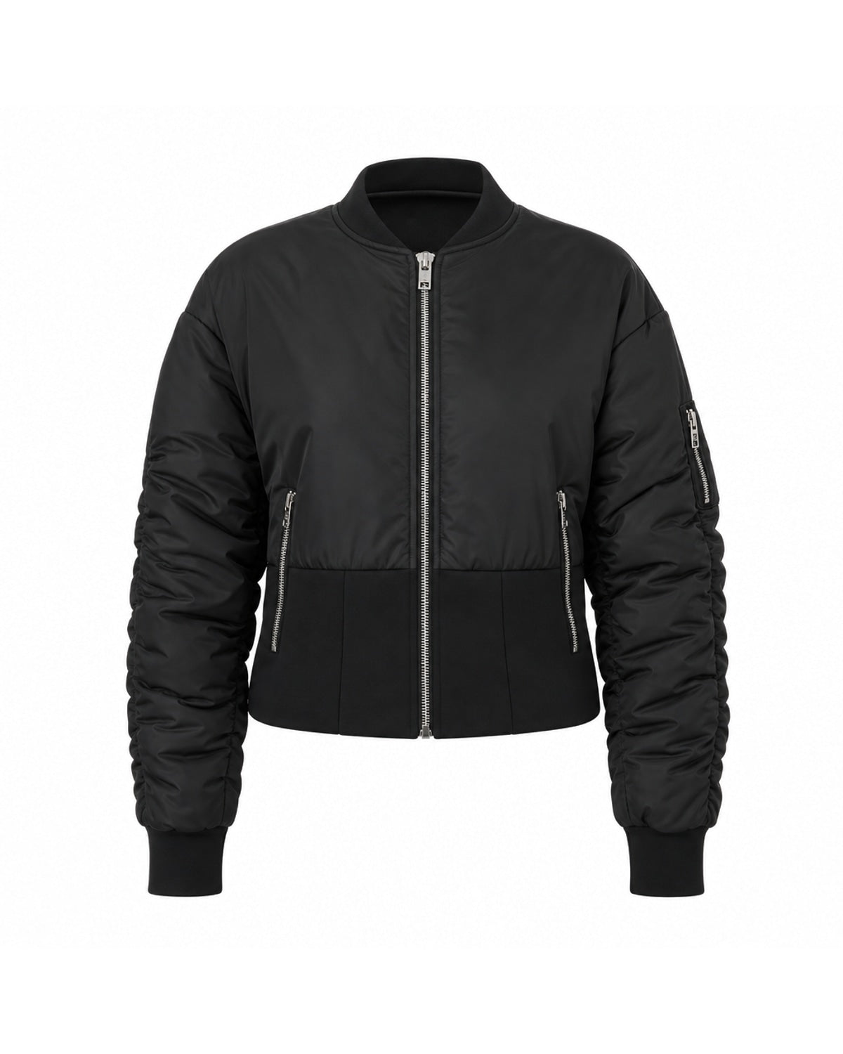 Bomber Cropped con Maniche Arricciate e Zip Metallica