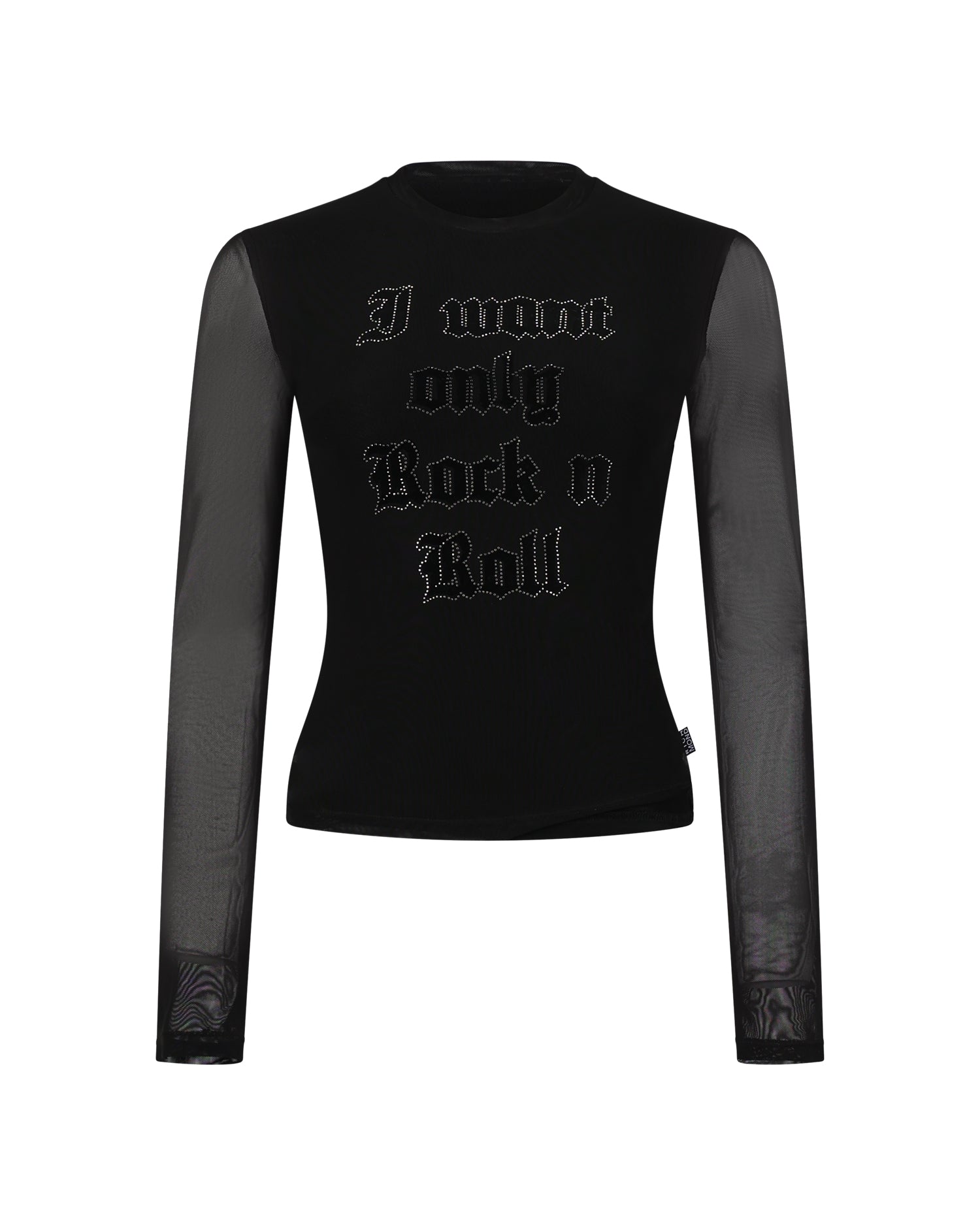 Top Aderente con Maniche in Tulle e Scritta Strass