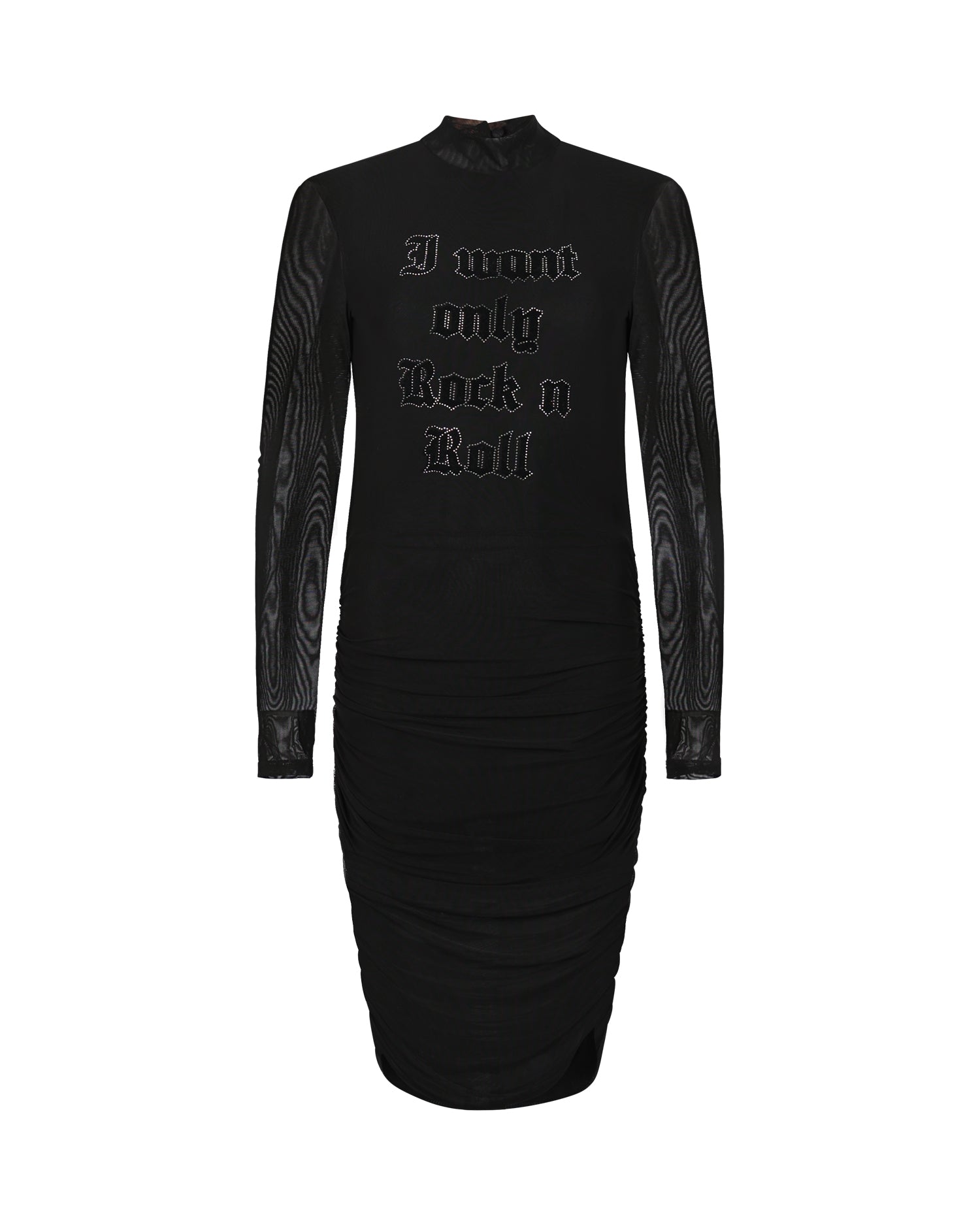 Abito Arricciato con Maniche in Tulle e Scritta