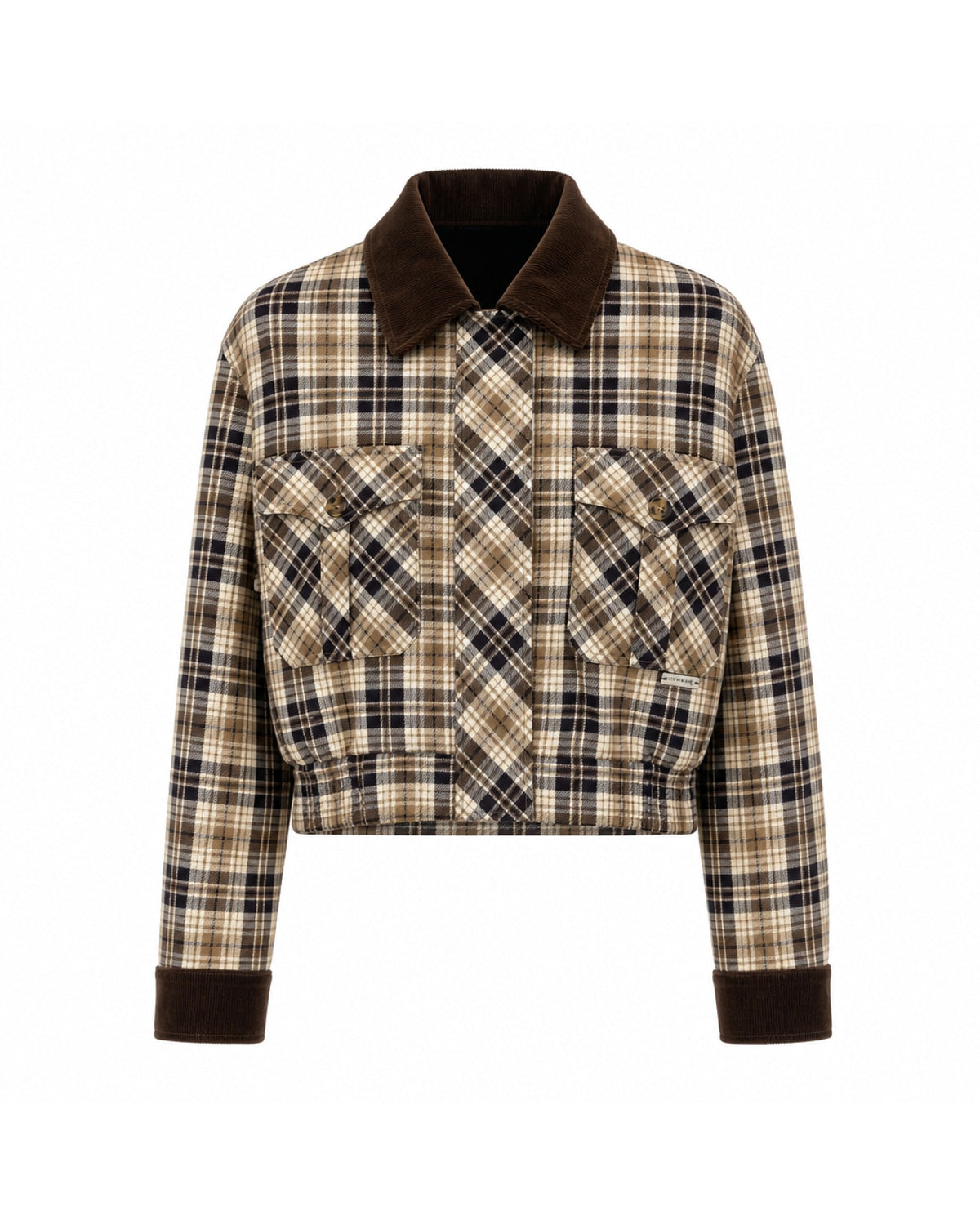 Giacca Cropped a Quadri con Colletto in Velluto a Coste